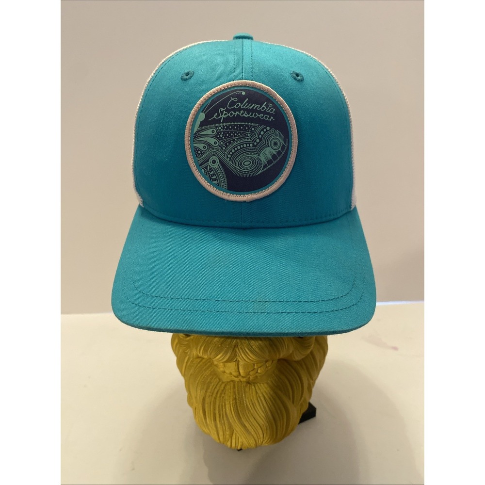 Columbia Sportswear Teal Trucker Hat Size Small Snap Back Butterfly Patch